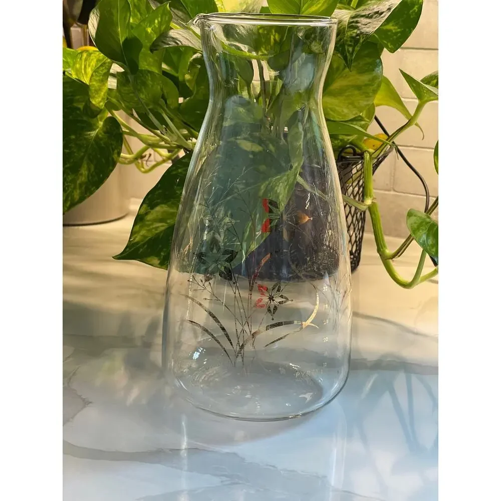 Vintage Pyrex 48 oz Juice Carafe or Pitcher with Gold Floral Design